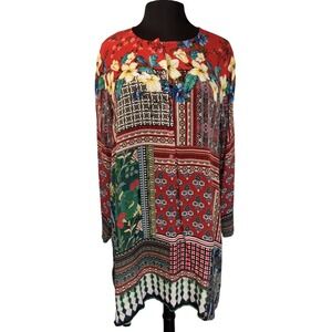 NEW Shana Viscose Silk Floral‎ Tunic Women's Size Med Red Multi Boho Hippie